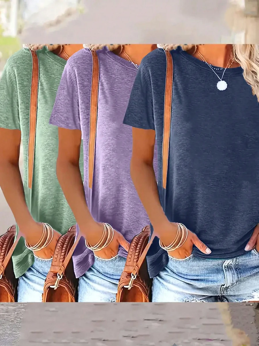 3 件纯色圆领短袖宽松休闲 T 恤，适合春夏季日常和家居穿着，可机洗
