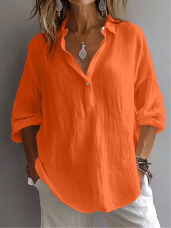Dam Plusskjorta Enfärgad Dagligen Ledigt Långärmad Biskopärm Skjortakrage Normal Toppar Dagligen Lappverk Knappar