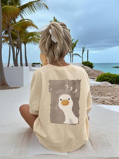 1 件女童青少年休闲圆领图案印花短袖 T 恤，夏季学生年轻儿童服装 - 问号鸭，专为独特的动物爱好者设计