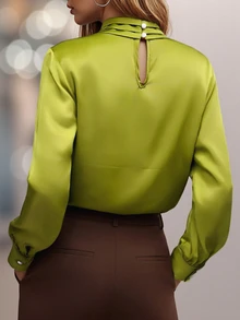 New Solid Color Twist Knot Button Long Sleeve Shirt For Women, Elegant And Versatile, Suitable For Commuting, Banquet And Evening Events Spring - Green - View 2