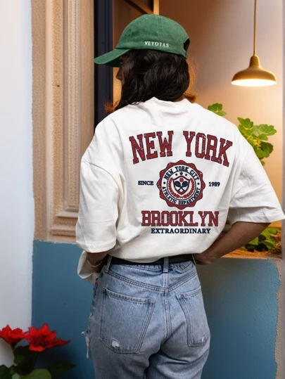 女装夏季新款日常休闲宽松圆领白色短袖T恤纽约字母标语印花时尚百搭适合日常穿着女上衣