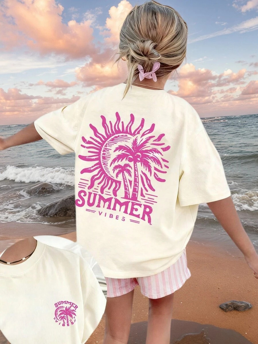 1 件 Tween 女童印花套头衫杏色短袖 T 恤，学生幼童服装，舒适时尚夏季上衣，女孩喜爱