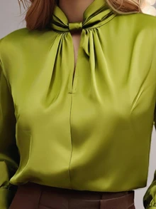 New Solid Color Twist Knot Button Long Sleeve Shirt For Women, Elegant And Versatile, Suitable For Commuting, Banquet And Evening Events Spring - Green - View 3