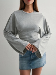 Camiseta casual de cuello redondo de unicolor, suave; Top de cintura ceñida Charlisa; Top de manga larga de murciélago sexy de punto #Chic utilitario