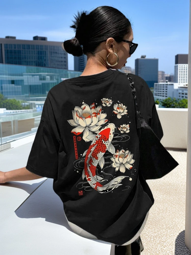 Women's Summer Letter Graphic Round Neck Short Sleeve T-Shirt, Casual Loose Versatile Vacation Style Top, Fashionable Summer Everyday & Holiday Black - Black - View 1