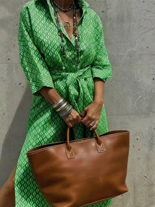 女士宽松下摆开衩短袖衬衫裙，梭织无弹力落肩宽松衬衫裙，休闲优雅商务时尚连衣裙，适合春夏日常办公和旅行穿着 - 綠色 - 查看 2