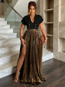 Plus Size Women's Metallic Solid Color Side Split Hem Pleated Skirt, Sexy & Fashionable - Gold - View 2