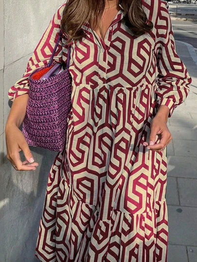 Autumn Women's Clothing, Women's Autumn Dresses, Long Sleeve Lapel Geometric Pattern Shirt-Style Open Collar Dress, Suitable For Commuting, Daily Wear, Outdoor, Women's Teacher Dress, Back To School, Soft Woven Fabric