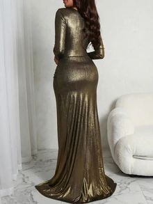 Vestido largo de manga larga con cuello en V profundo y metálico, con fruncido y abertura en el muslo, elegante para invitada de boda y cócteles en primavera y verano
