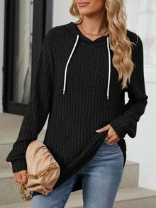 Sudadera casual de talla grande para mujer, de unicolor acanalado con cordón, top de manga larga, para primavera/otoño - Negro - Ver 4
