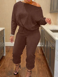 Plus Size Women's Casual Solid Color One-Shoulder 2 Pieces Set, For Home & Daily Wear, Autumn Spring Elegant - Coffee Brown - View 1