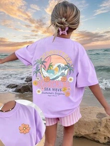 1pc Tropical Print Short Sleeve Tee Shirt For Tween Girls, Comfortable And Fashionable Summer Top For Young Students - Purple - View 1