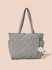 Hatastic 新款时尚大容量菱格纹双提手单肩手提包，轻便易携，女士钱包，适合夏季户外旅行，饰有动物吊坠，旅行必备背包，女士手提包，大学必备礼物，音乐节 - 灰色 - 查看 2