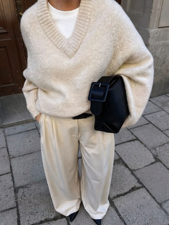 Vivid Style 女士高端休闲风、复古风、日常通勤风、宽松纯色V领套头针织毛衣，圣诞节、圣诞毛衣、新年、新年装扮、新年服饰