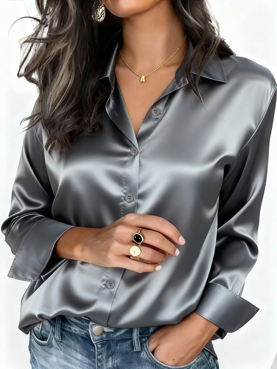 Women's Satin Blouse, Business Casual Button-Up Shirt With Collar Design, Elegant For Office And Casual Wear, Suitable For Autumn, Winter, Spring And Summer