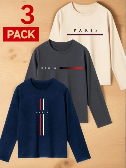 3件装青少年男童印花长袖T恤，适合青少年男童秋冬季上衣、学生服装，可作外套和内搭穿着。