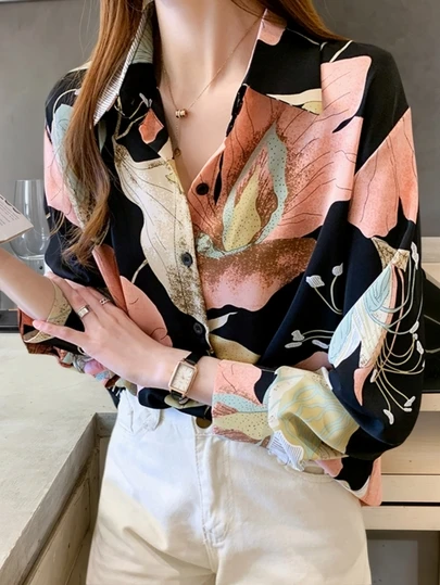 YUXIN Camisa de mujer con estampado floral retro, diseño de solapa elegante, adecuada para ir al trabajo y el ocio, cómoda blusa de manga larga para primavera y otoño