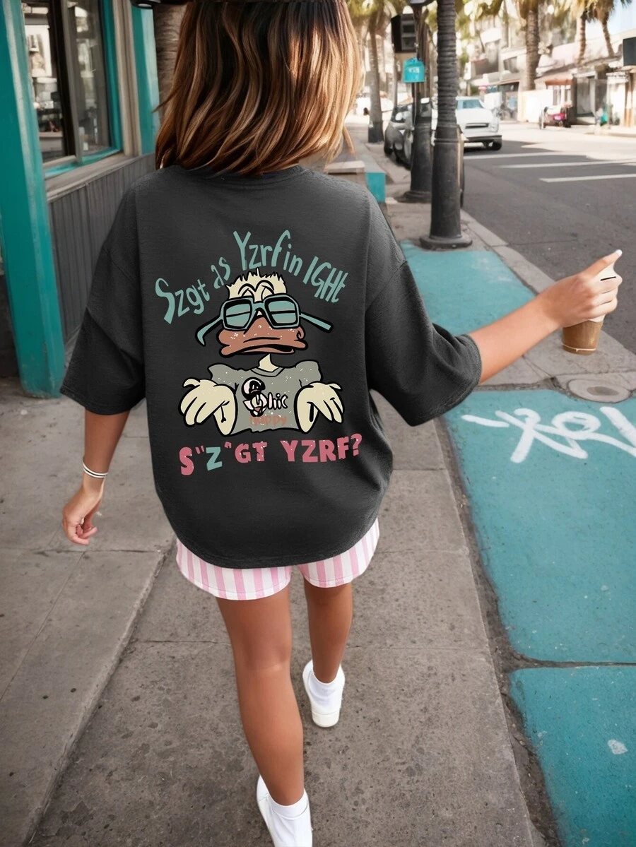 1 件 Tween 女孩卡通鸭子英文印花圆领短袖 T 恤，休闲时尚夏季上衣