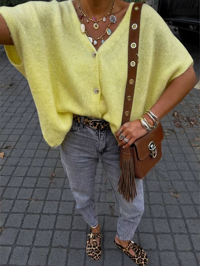 FOR BEAUTY V-Neck Button Short Sleeve Oversized Knit Cardigan, Women Casual Vacation, Dropped Shoulder Top, Cream Yellow Top, New Year