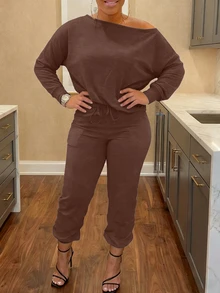 Plus Size Women's Casual Solid Color One-Shoulder 2 Pieces Set, For Home & Daily Wear, Autumn Spring Elegant - Coffee Brown - View 2