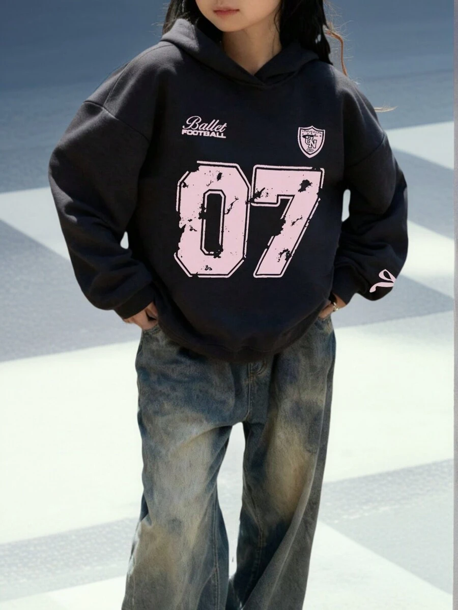 1pc Tween Girl Thermal Lined Warm Sweatshirt With 07 Print, Warm Young Student Clothing, Suitable Autumn/Winter Long Sleeve Top - Dark Grey - View 1