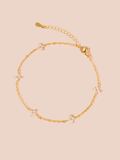 Hatastic 1件高品质18K镀金铜四叶草镶嵌立方氧化锆手链，时尚奢华珠宝配饰，女士圣诞礼物