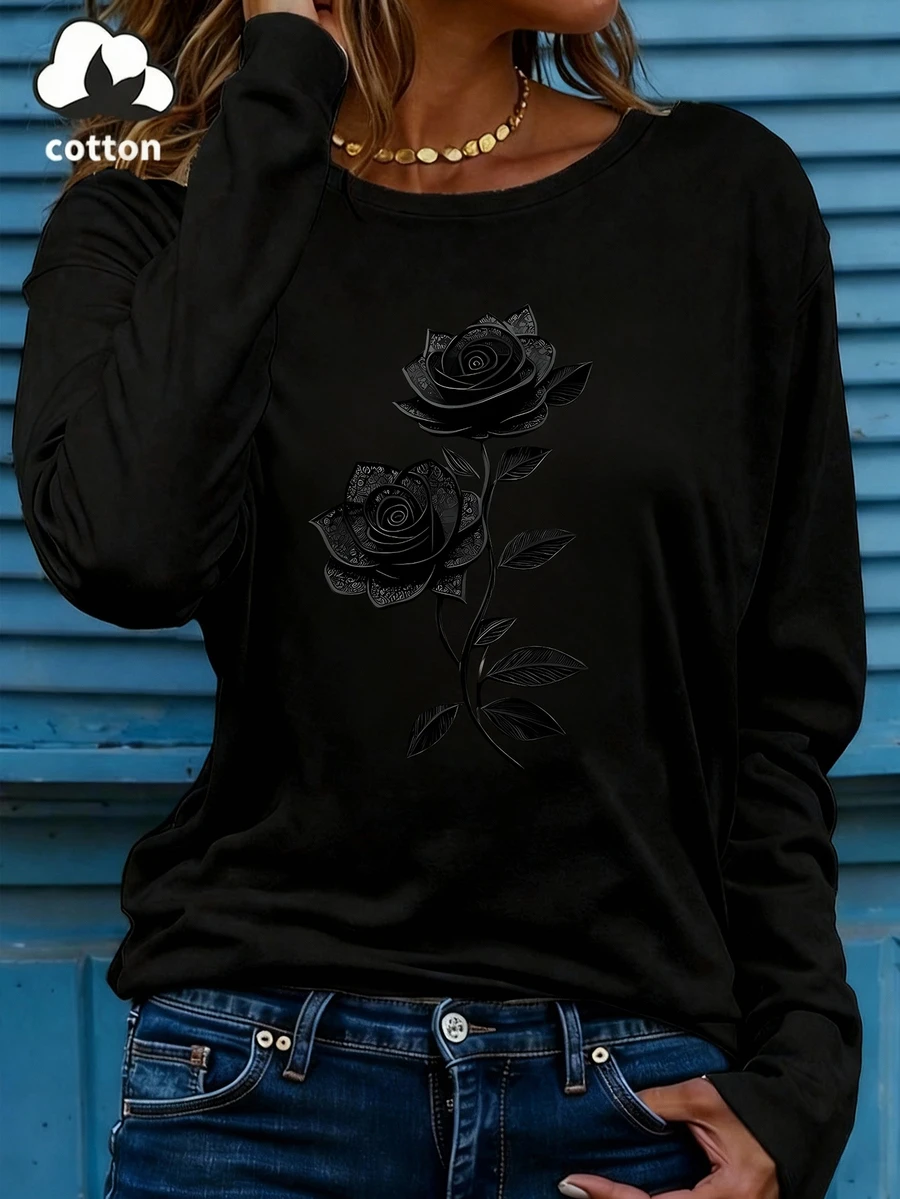 Women's Spring And Autumn Black Rose Print Casual Simple Loose Comfortable Street Long Sleeve Cotton Round Neck T-Shirt Tops - Black - View 1