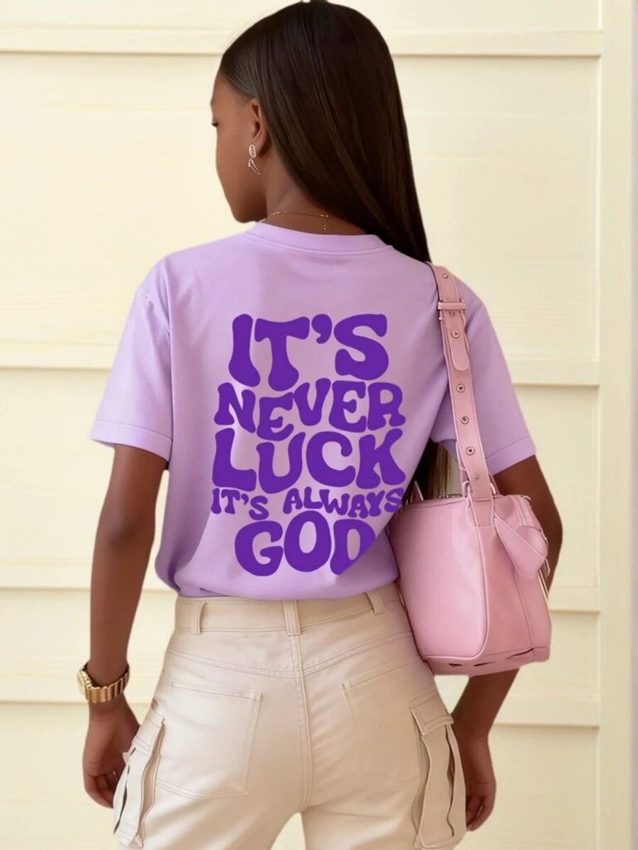 1pc Girls' English Print Short Sleeve T-Shirt, Student/Young Fashion Comfortable Summer Top For Tween Girls - Purple - View 1