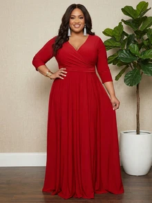 Vestido largo y elegante con cuello cruzado para mujer de talla grande, color rojo primaveral - Rojo - Ver 1