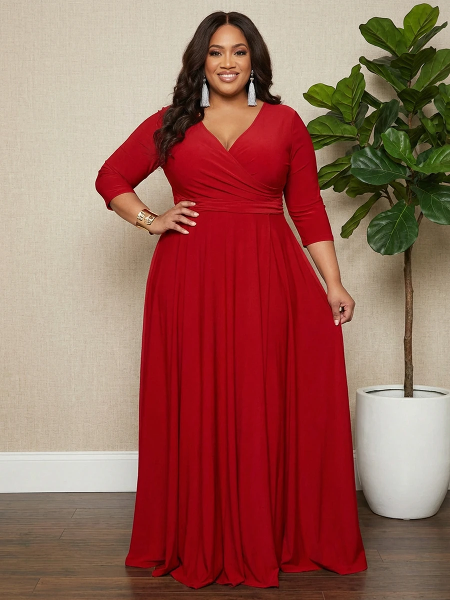 Vestido largo y elegante con cuello cruzado para mujer de talla grande, color rojo primaveral - Rojo - Ver 1