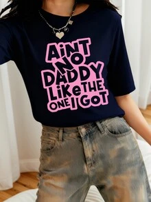 1pc Tween Girl Casual Printed Short Sleeve T-Shirt, Comfortable & Fashionable Student Wear, Summer Top - Navy Blue - View 2