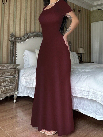 女士秋季服装，时尚纯色U领收腰短袖连衣裙，休闲装，女教师装，返校装，适合通勤、日常穿着、情人节、户外活动