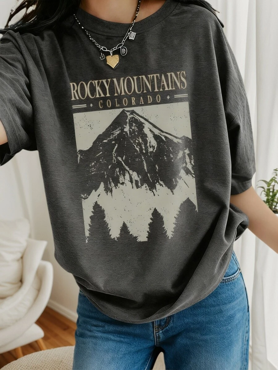 1pc Tween Girl Scenic Print Pullover Dark Gray Short Sleeve T-Shirt, Comfortable And Fashionable Summer Top - Dark Grey - View 1