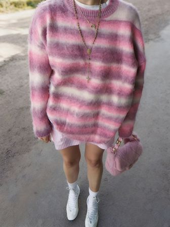 Vivid Style Casual Color Block Gradient Stripe Loose Round Neck Knitted Sweater For Women,Christmas, Christmas Sweater, New Year, New Year Outfit, New Year Attire,New Year Clothes