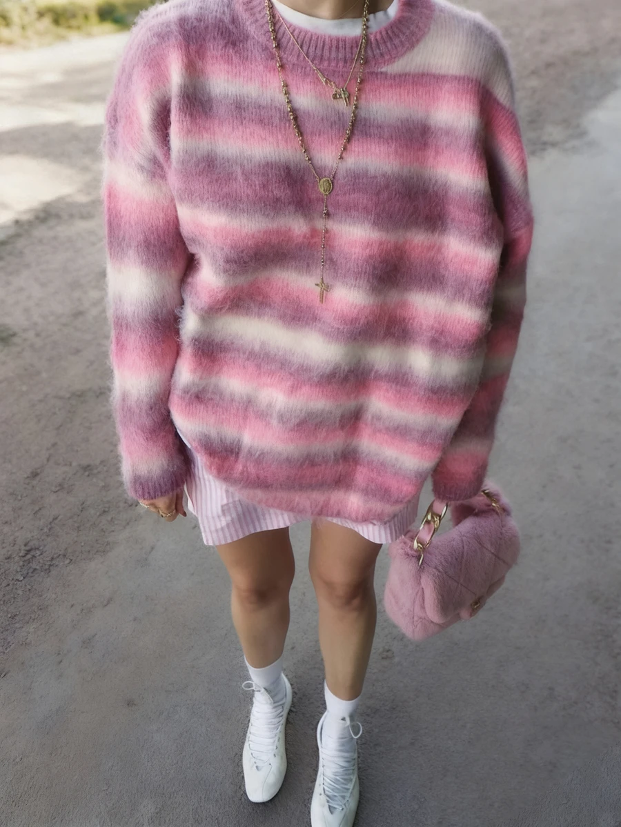 Vibrant Fashion Casual Colorblock Gradient Striped Loose Knit Sweater, Suitable For Women, Christmas, New Year