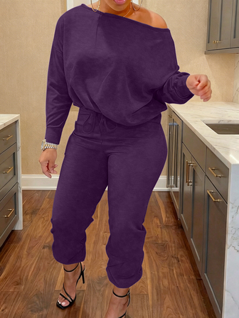 女士休闲纯色单肩两件套，适合日常穿着，秋季