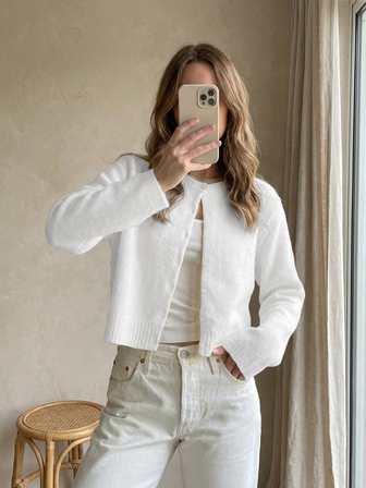 Women's Solid Color Round Neck Button Long Sleeve Knit Cardigan Sweater, Christmas & New Year