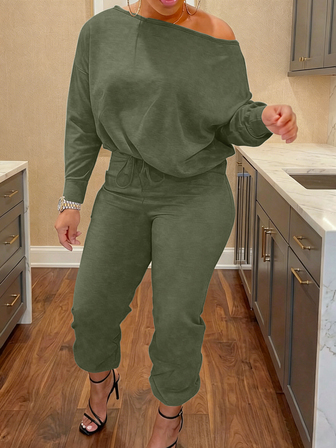 Conjunto casual de 2 piezas de unicolor con un hombro para mujer, para uso diario, otoño