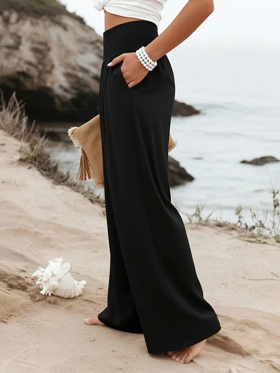 Women's Solid Color Elegant Versatile Ruched Wide Leg High Waist Long Pants Casual Black Spring