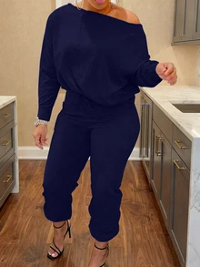 Plus Size Casual Solid Color One-Shoulder Top And Pants Two Pieces Set, For Home And Daily Wear, Autumn Elegant Spring - Navy Blue - View 1
