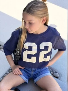 Tween Girl 22 图案标语圆领短袖 T 恤，适合青少年女孩的休闲夏季上衣 - 藏蓝色 - 查看 1