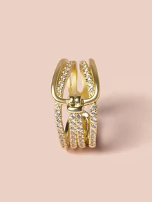 Hatastic 1枚时尚百搭、优雅的铜锆石水晶多层扭纹铜戒指，适合女性日常及节日佩戴，是音乐节的最佳礼物之选 - 金色 - 查看 5