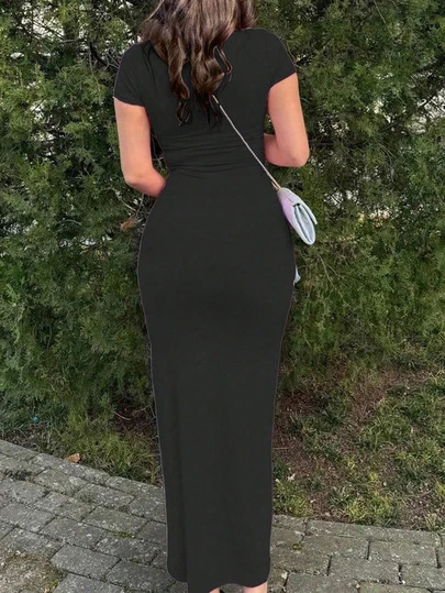 Women's Summer Dress, Solid Color Sexy Short Sleeve Dress Party Black Elegant