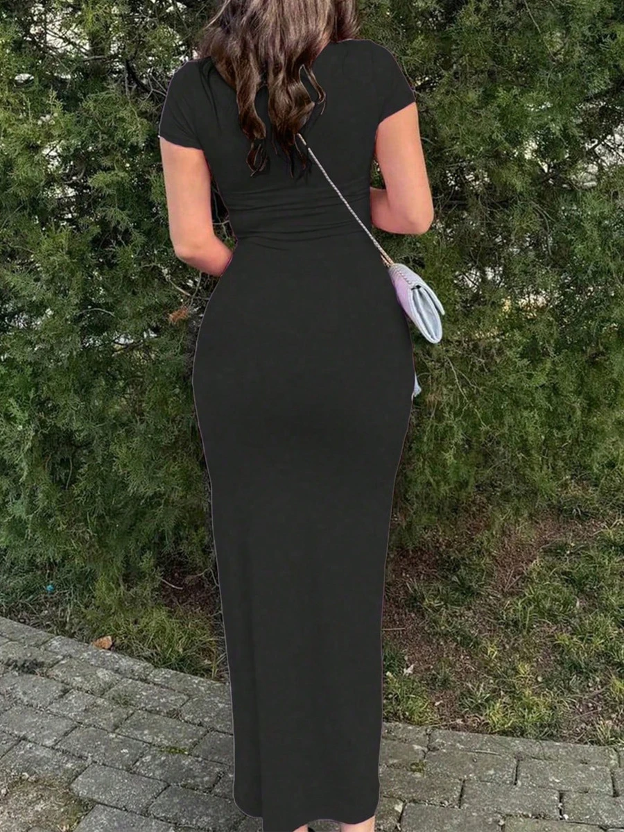 Women's Summer Dress, Solid Color Sexy Short Sleeve Dress Party Black Elegant - Black - View 1
