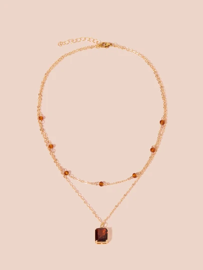 Hatastic 1pc Vintage Square Brown Cubic Zirconia Pendant With Double Layer Crystal Beads Necklace, Women's Daily, Holiday, Party Accessory Gifts