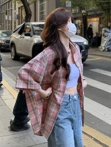 YUXIN 复古美式小众设计女式短袖格子衬衫，轻盈夏季防晒夹克，宽松百搭小码衬衫 - 粉色 - 查看 3