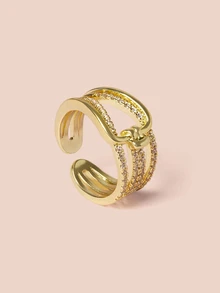 Hatastic 1枚时尚百搭、优雅的铜锆石水晶多层扭纹铜戒指，适合女性日常及节日佩戴，是音乐节的最佳礼物之选 - 金色 - 查看 3