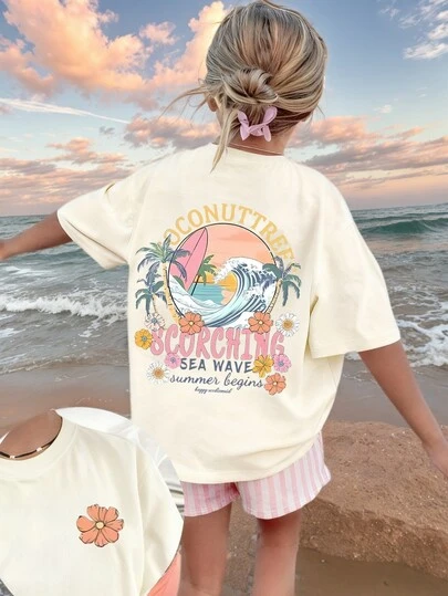 1st tropiskt tryck kortärmad t-shirt för tween flickor, bekväm och trendig sommartopp för unga studenter