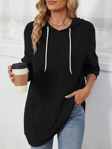 Sudadera casual de talla grande para mujer, de unicolor acanalado con cordón, top de manga larga, para primavera/otoño - Negro - Ver 1