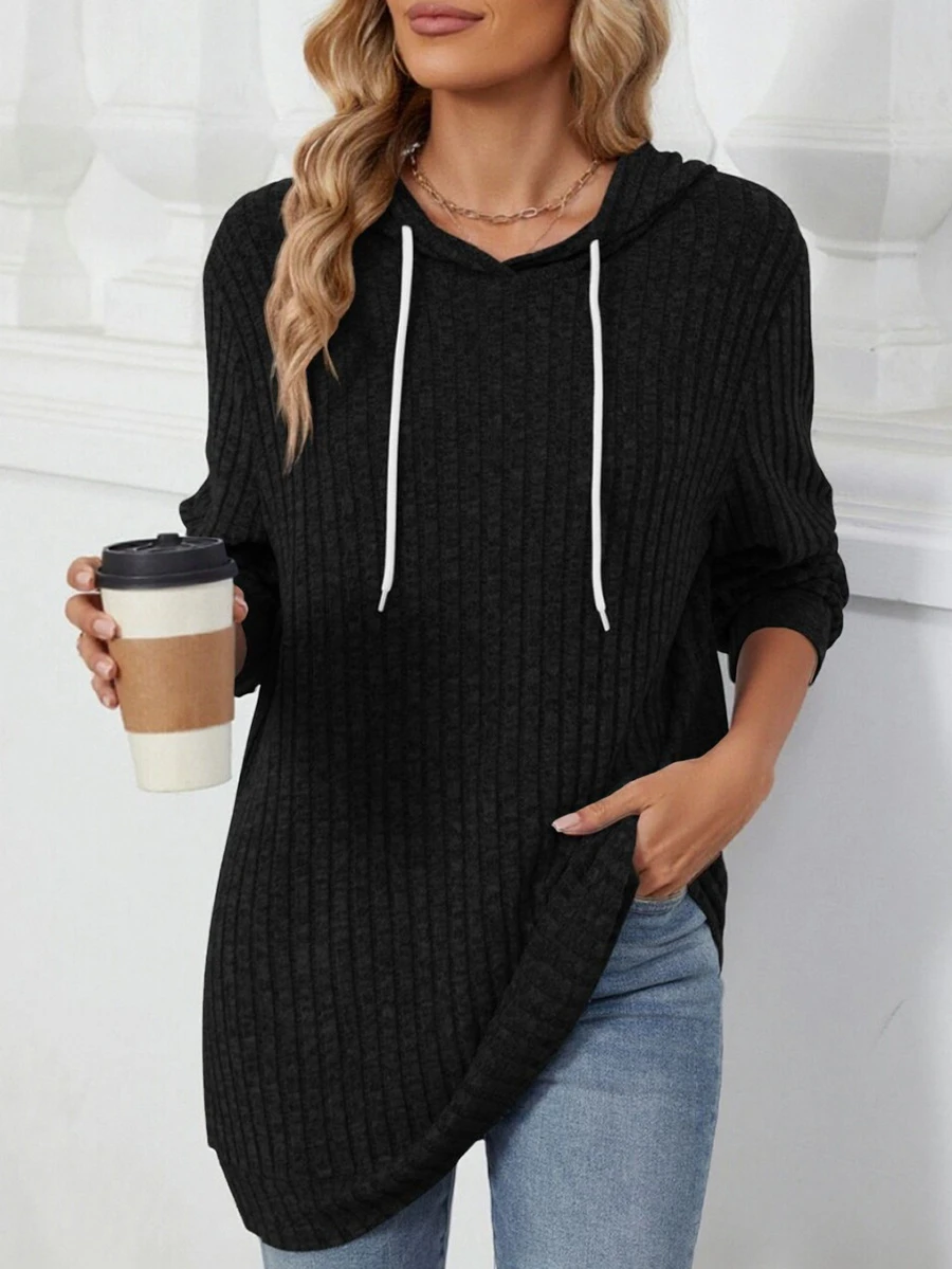 Sudadera casual de talla grande para mujer, de unicolor acanalado con cordón, top de manga larga, para primavera/otoño - Negro - Ver 1